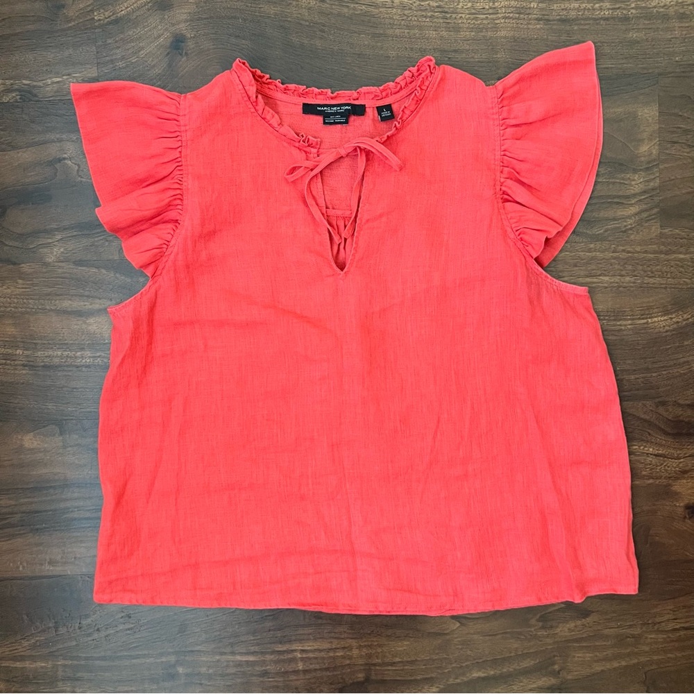 Marc New York Coral Linen Ruffle Sleeve Blouse Lightweight Colorful Top Size L